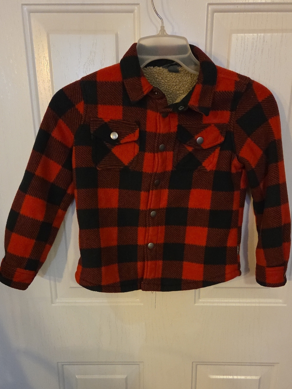 Eddie Bauer Red and Black Buffalo Plaid Sherpa-Lined Jean Jacket Size 6/7